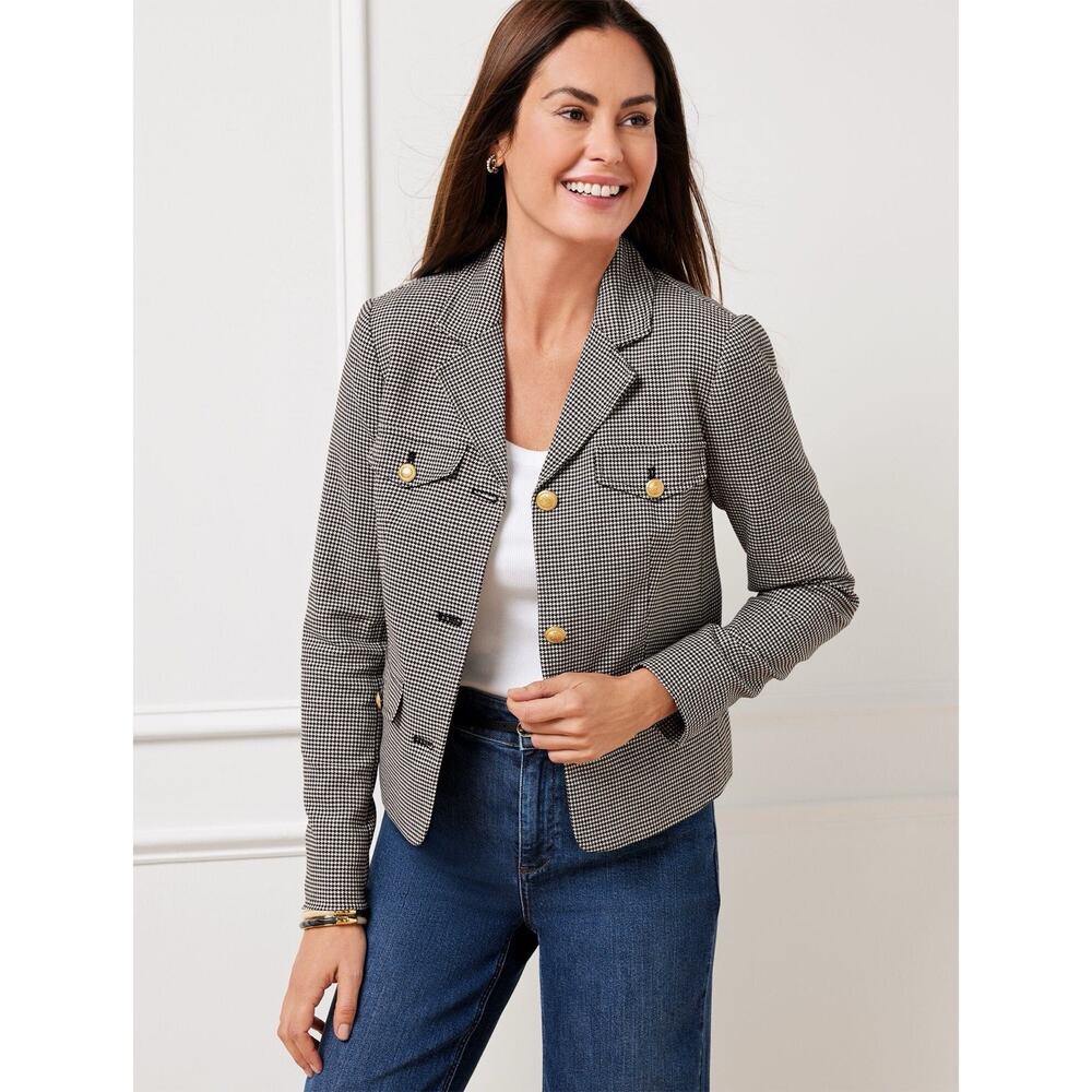 Talbots Houndstooth Blazer Jacket Womens Size 4 Black White Gold Buttons Cropped